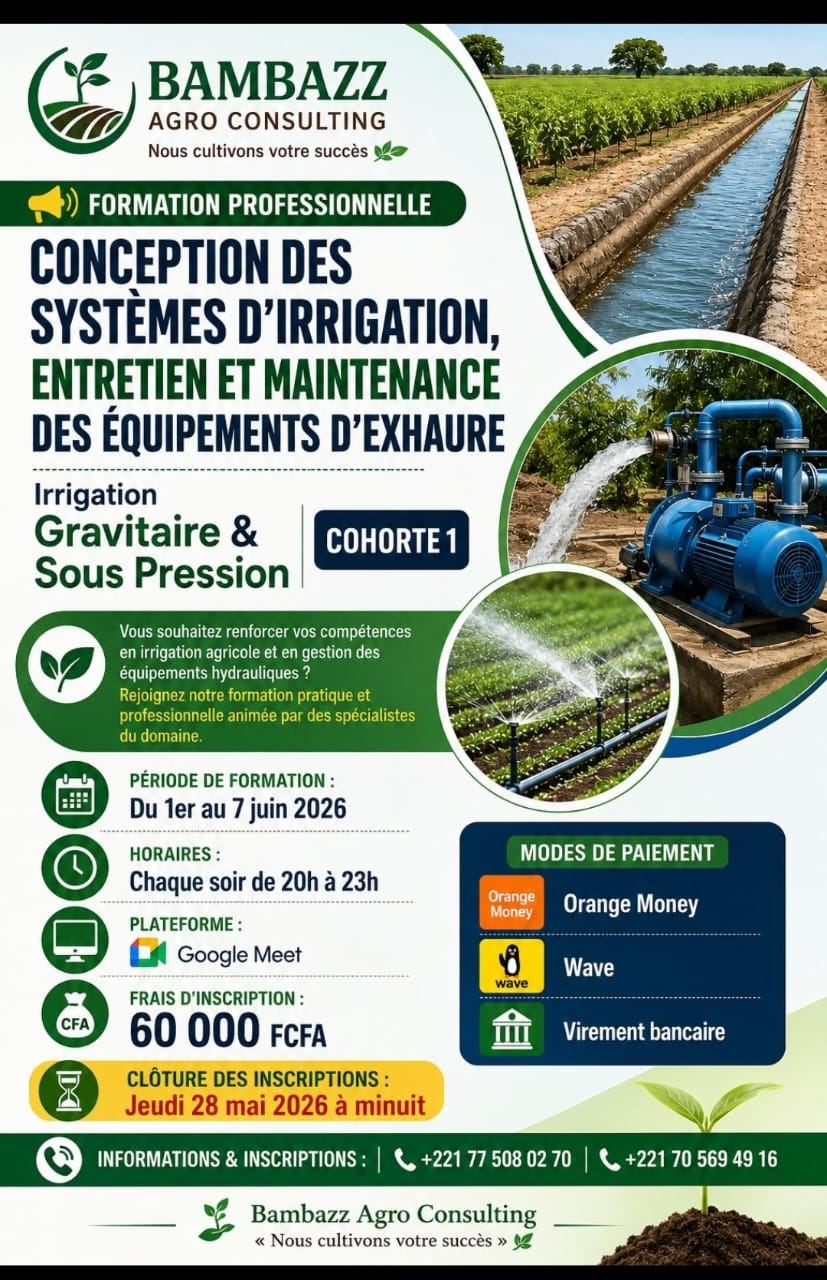 Conception des systèmes d'irrigation, entretien et maintenance des équipements d'exhaure
